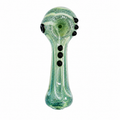 A hand-blown glass water pipe with a bulbous top and long neck, featuring a red and clear glass body with white bubble details and a pale yellow-green base, shown on a white background.

