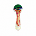 A hand-blown glass water pipe with a bulbous top featuring a dark green outer rim, a blue inner rim, and a clear center. The neck of the glass has red and orange striped patterns, and the base is clear glass.

