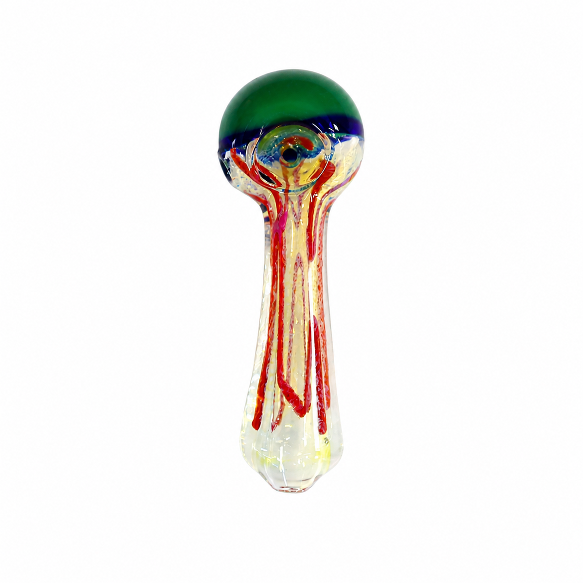 A hand-blown glass water pipe with a bulbous top featuring a dark green outer rim, a blue inner rim, and a clear center. The neck of the glass has red and orange striped patterns, and the base is clear glass.

