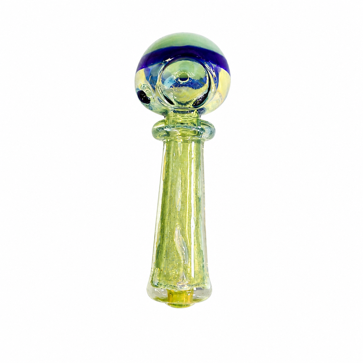 A hand-blown glass water pipe with a bulbous top featuring a green and blue striped pattern, and a flared yellow-green glass stem, shown on a plain white background.

