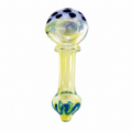 A hand-blown glass water pipe with a bulbous top featuring dark blue glass spots, a pale yellow stem, and blue-green swirls near the base, shown on a plain white background.

