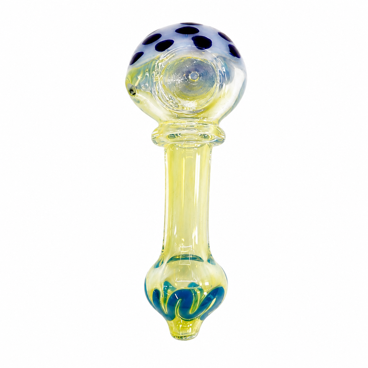 A hand-blown glass water pipe with a bulbous top featuring dark blue glass spots, a pale yellow stem, and blue-green swirls near the base, shown on a plain white background.

