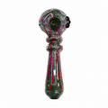 A hand-blown glass water pipe with a dark green base, decorated with vibrant pink, red, and blue swirls, shown on a plain white background.

