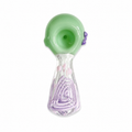 A hand-blown glass water pipe with a mint green bowl, a purple accent, and a clear glass stem featuring concentric purple and pink swirls, set against a plain white background.


