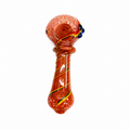 A hand-blown glass water pipe with a rounded bowl and a long stem, featuring a speckled orange-red body with yellow and green spiral accents and small blue glass details on the side, shown against a plain white background.


