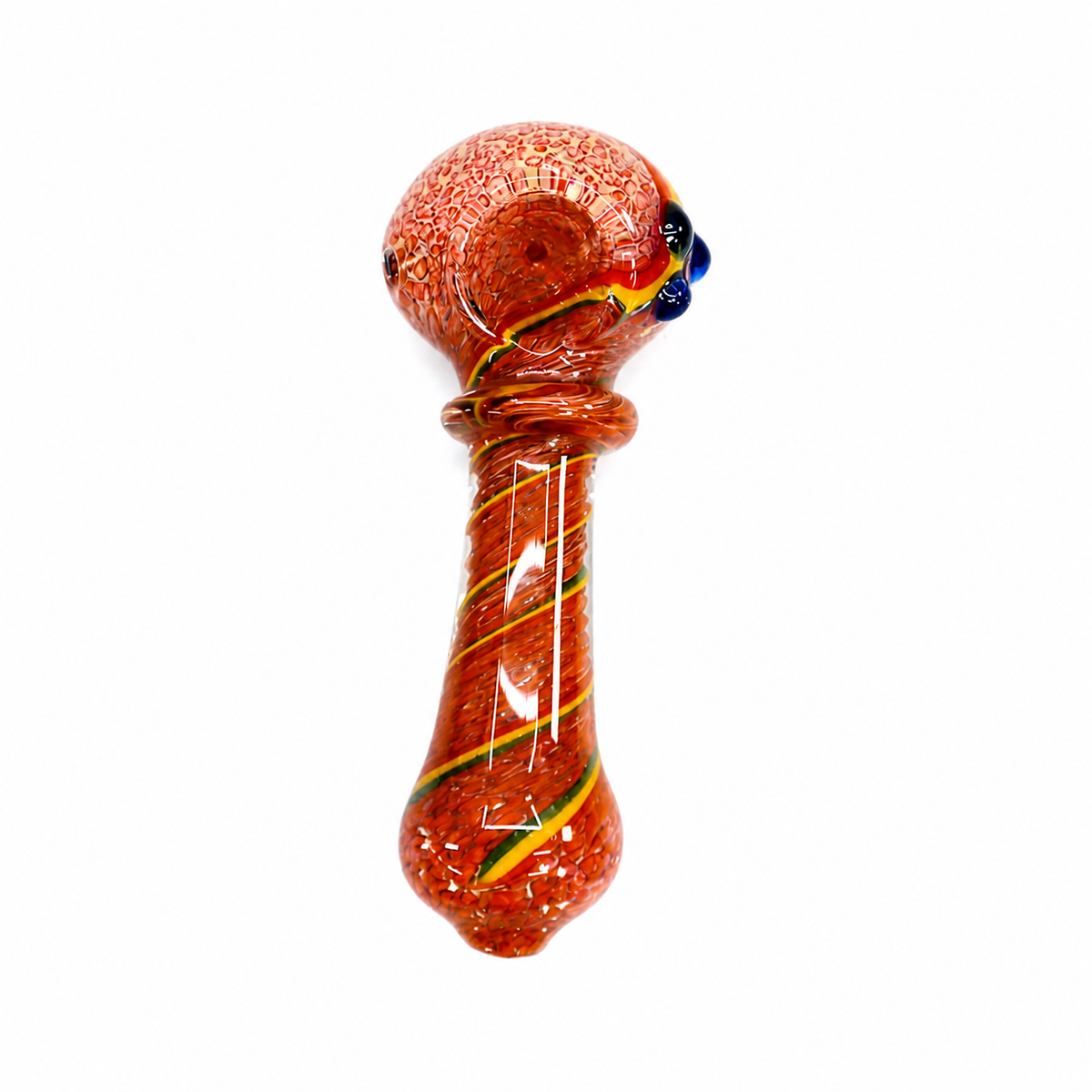 A hand-blown glass water pipe with a rounded bowl and a long stem, featuring a speckled orange-red body with yellow and green spiral accents and small blue glass details on the side, shown against a plain white background.

