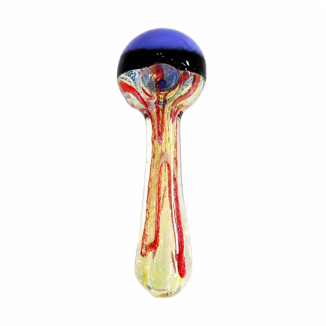 Three hand-blown glass water pipes with mushroom-shaped heads, displayed side-by-side on a white background. Each pipe features a unique colored top dome (light green, black and blue, dark green) with red and yellow glass veins dripping down into a clear glass base.

