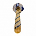 A hand-blown glass water pipe with a textured gold body, decorated with diagonal blue and white stripes and a small blue flower accent on the side, shown against a plain white background.