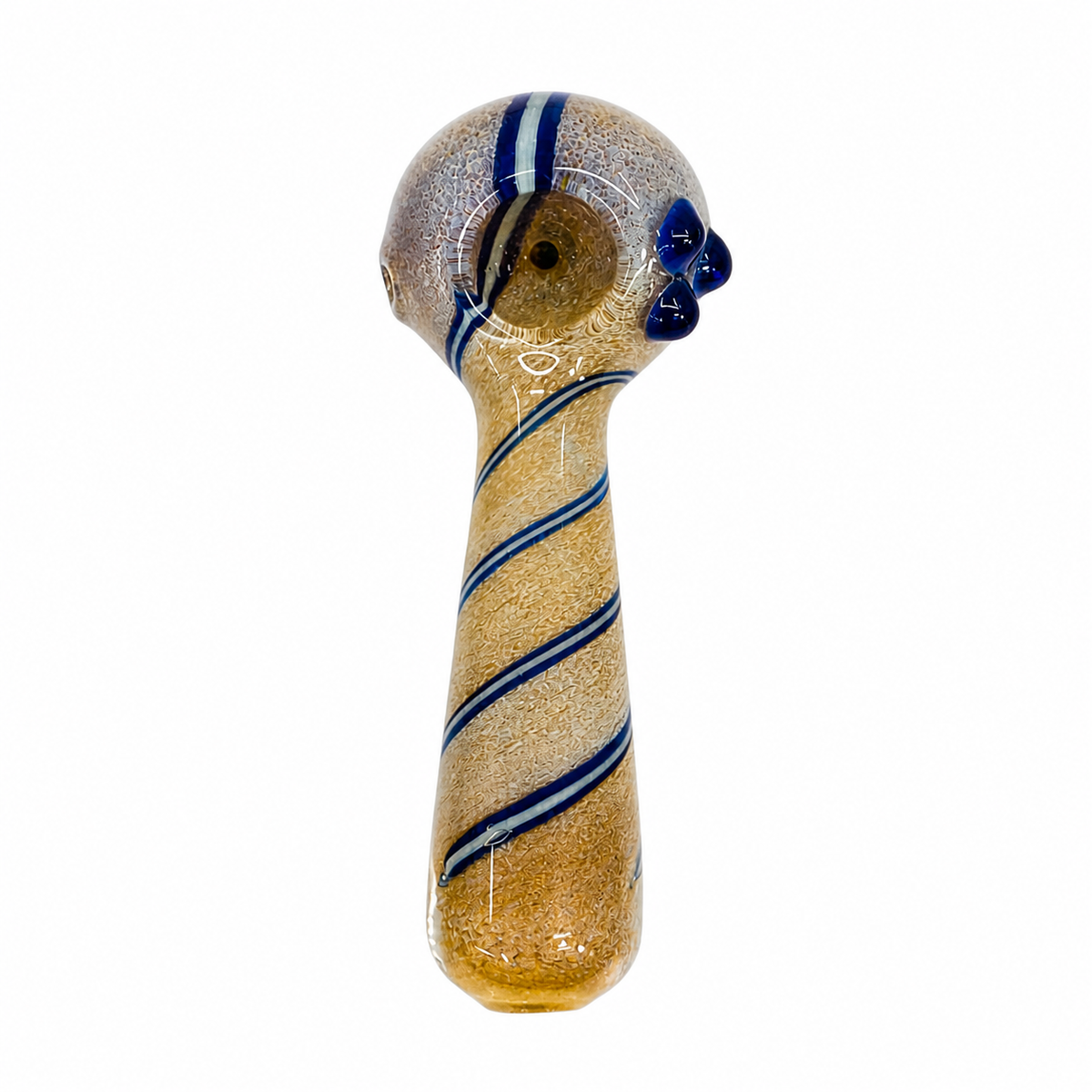 A hand-blown glass water pipe with a textured gold body, decorated with diagonal blue and white stripes and a small blue flower accent on the side, shown against a plain white background.