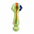 A hand-blown glass water pipe with a textured light green body, featuring a vertical Rastafarian flag stripe in red, yellow, and green down the center, and four glossy blue glass beads on the side.

