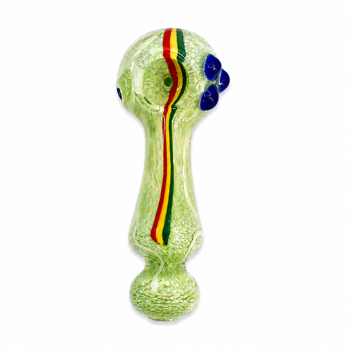 A hand-blown glass water pipe with a textured light green body, featuring a vertical Rastafarian flag stripe in red, yellow, and green down the center, and four glossy blue glass beads on the side.

