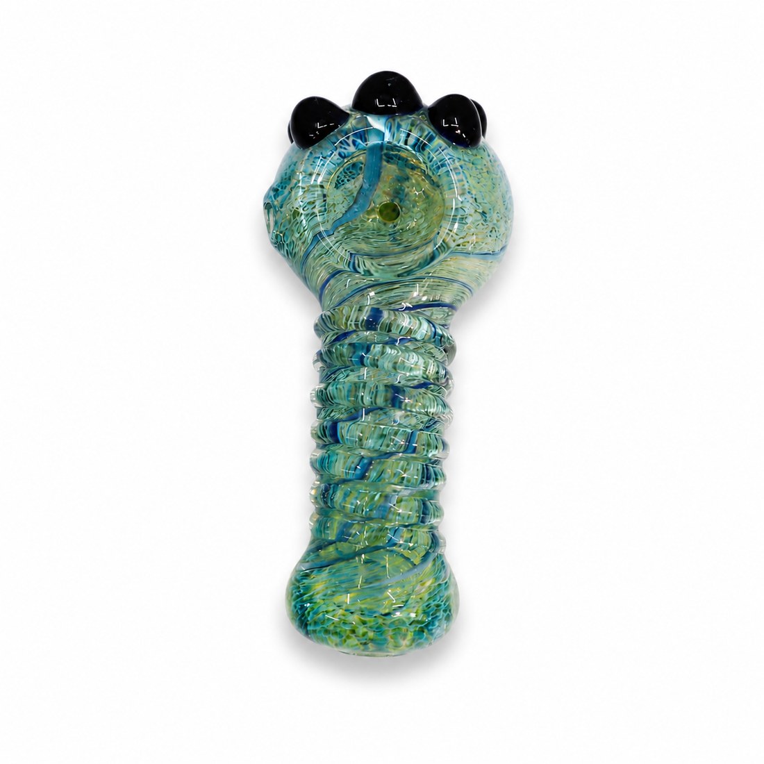 Two hand-blown glass water pipes with claw-shaped tops, one featuring a red, blue, and white marbled pattern, and the other in a green, blue, and yellow marbled pattern, set against a plain white background.