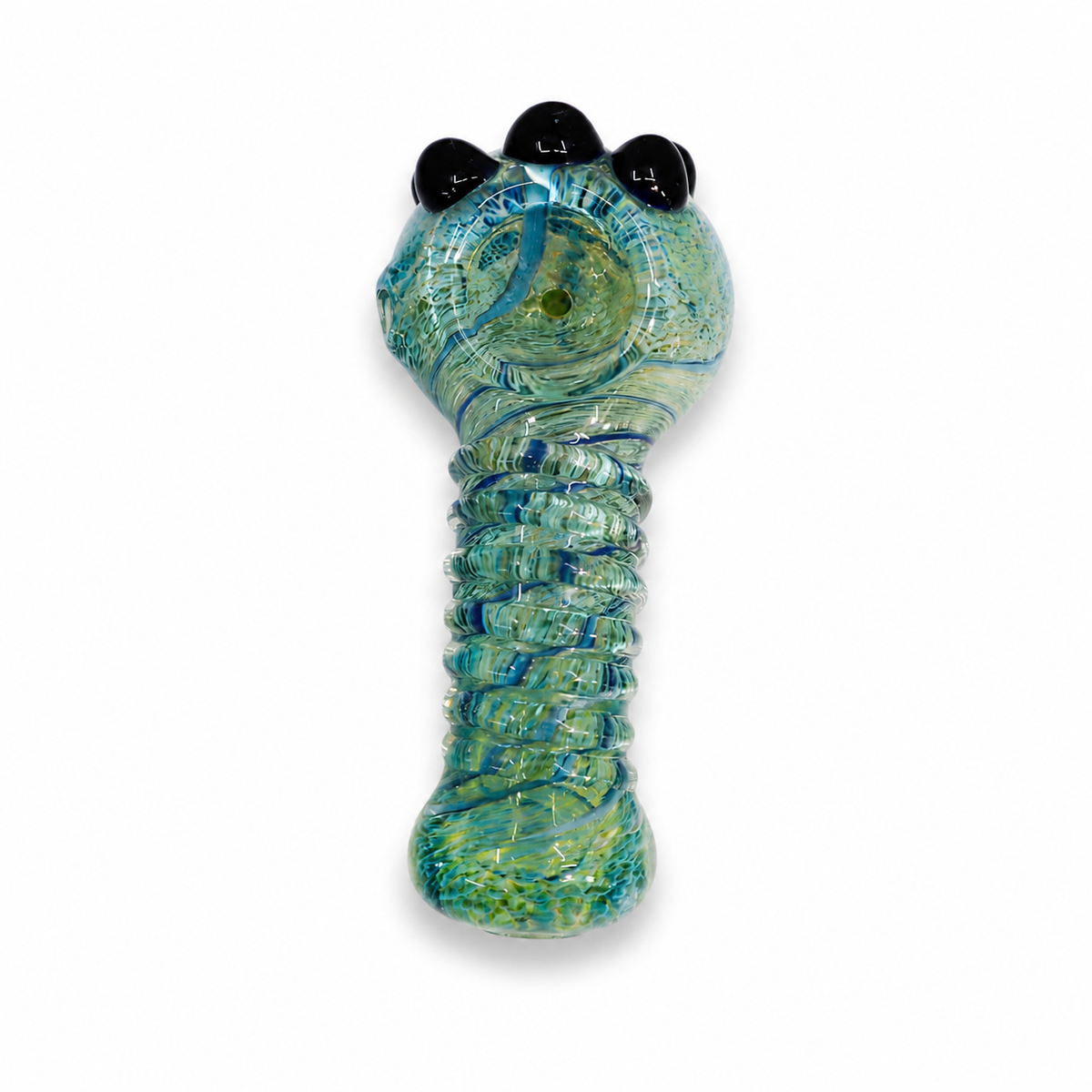 A hand-blown glass water pipe with a textured, ribbed stem and a bulbous base, featuring a swirling pattern of light green, blue, and clear glass, accented by three glossy black beads at the top. Photographed on a clean white background.

