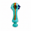 A hand-blown glass water pipe with a turquoise blue body, featuring a vertical multicolor stripe of red, yellow, and green, and two dark blue bubble eyes on the side, set against a plain white background.

