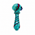 A handmade glass water pipe with a turquoise blue body, featuring red and dark blue swirls and bead accents, set against a plain white background.

