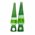 A pair of green and white glass water pipes with a tapered top and a circular mouthpiece detail at the base, shown against a plain white background.

