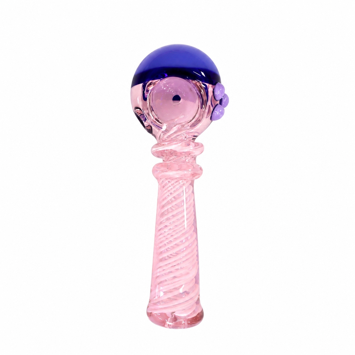A pink and purple glass personal massager with a textured pink handle and a rounded purple head, shown on a solid white background.

