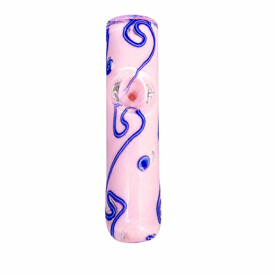 Four glass water pipes in blue, green, purple, and pink, each decorated with swirling glass patterns, shown against a plain white background.

