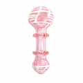 A pink transparent glass dual-stimulation toy with a textured spherical head and a ribbed cylindrical base, shown on a solid white background.

