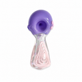 A purple and pink glass water pipe with a bulbous purple top, a clear neck, and a spiral pink pattern inside a tapered glass base, shown on a plain white background.