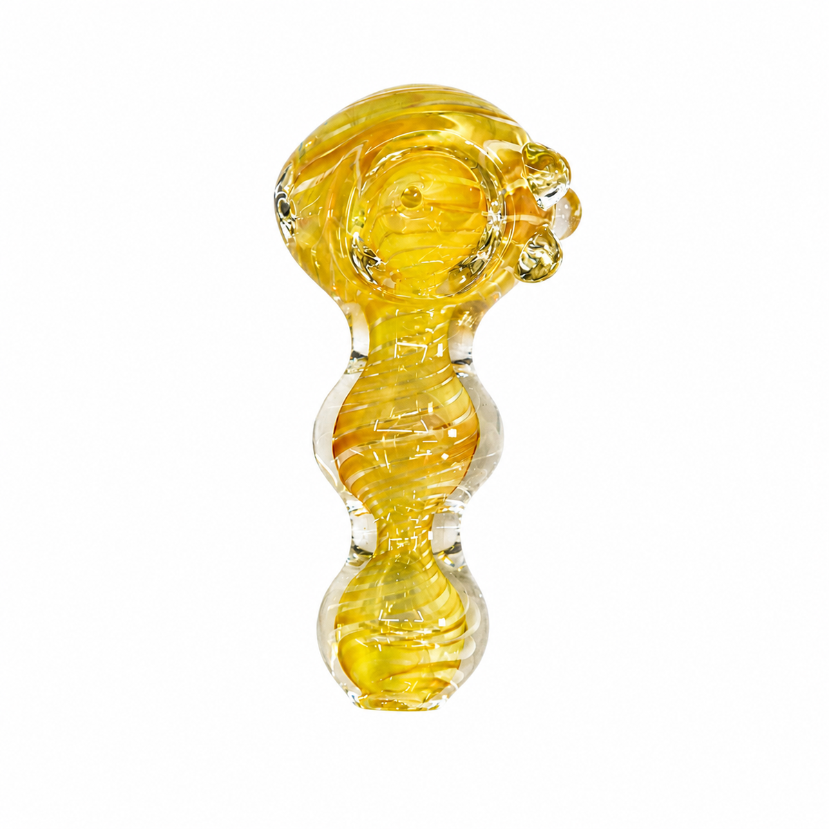 A small decorative glass object with a rounded, organic top and three stacked bulbous sections, made of transparent yellow and amber glass on a plain white background.


