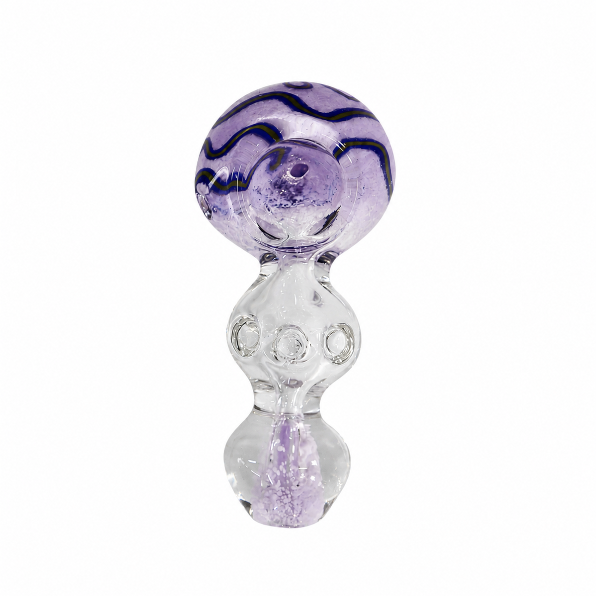A small glass water pipe or hookah piece with a purple and black swirled top bowl, a clear bulbous neck with circular cutouts, and a clear lower chamber containing purple glitter, shown on a plain white background.

