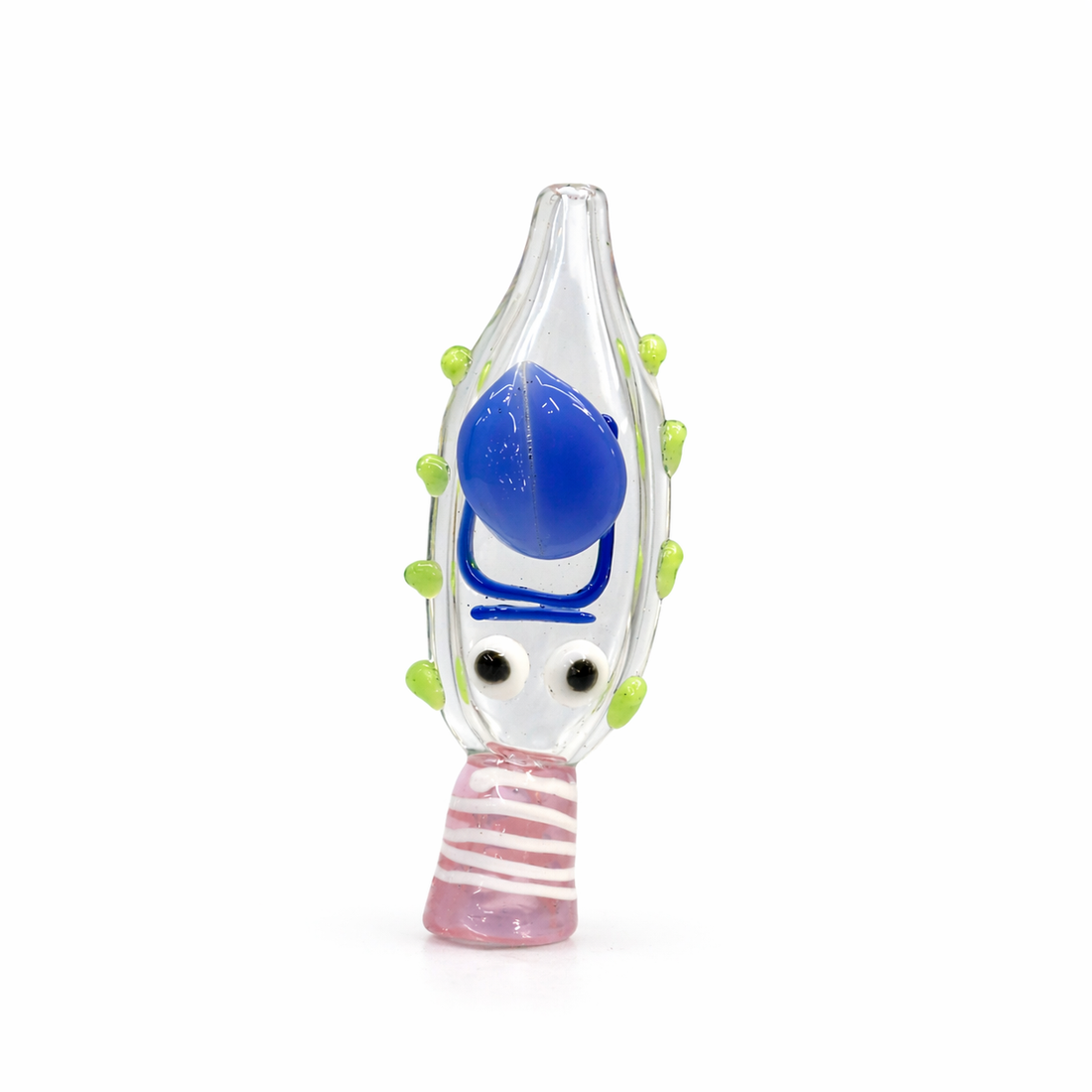 Two hand-blown glass novelty figures shaped like cartoon fish or tadpole-like creatures, one with a green body and blue mouth area, and the other with a blue mouth area and pink striped neck, photographed on a white background.

