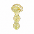 A small hand-blown glass piece with a bulbous, swirled design in pale yellow and clear glass, isolated on a white background.


