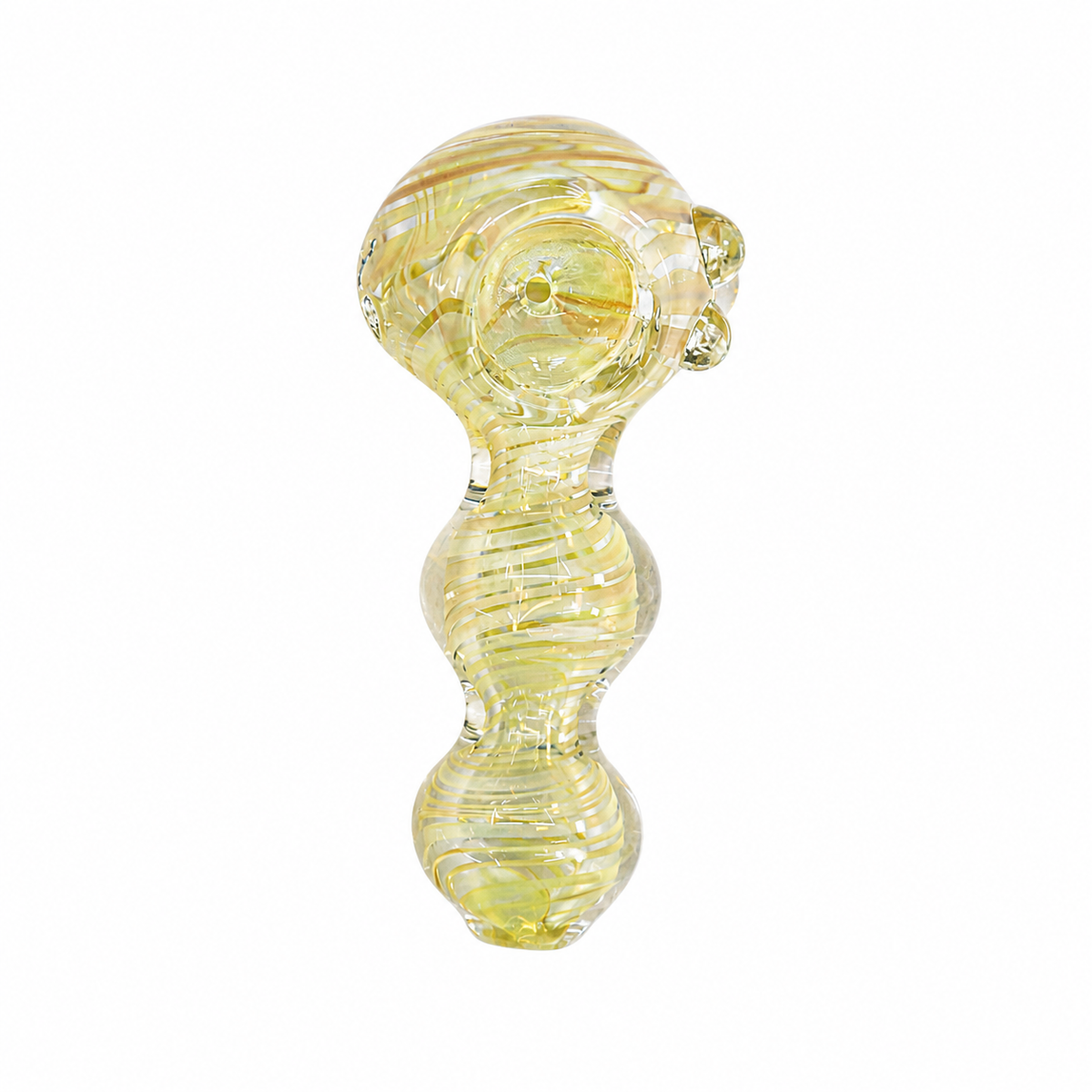A small hand-blown glass piece with a bulbous, swirled design in pale yellow and clear glass, isolated on a white background.


