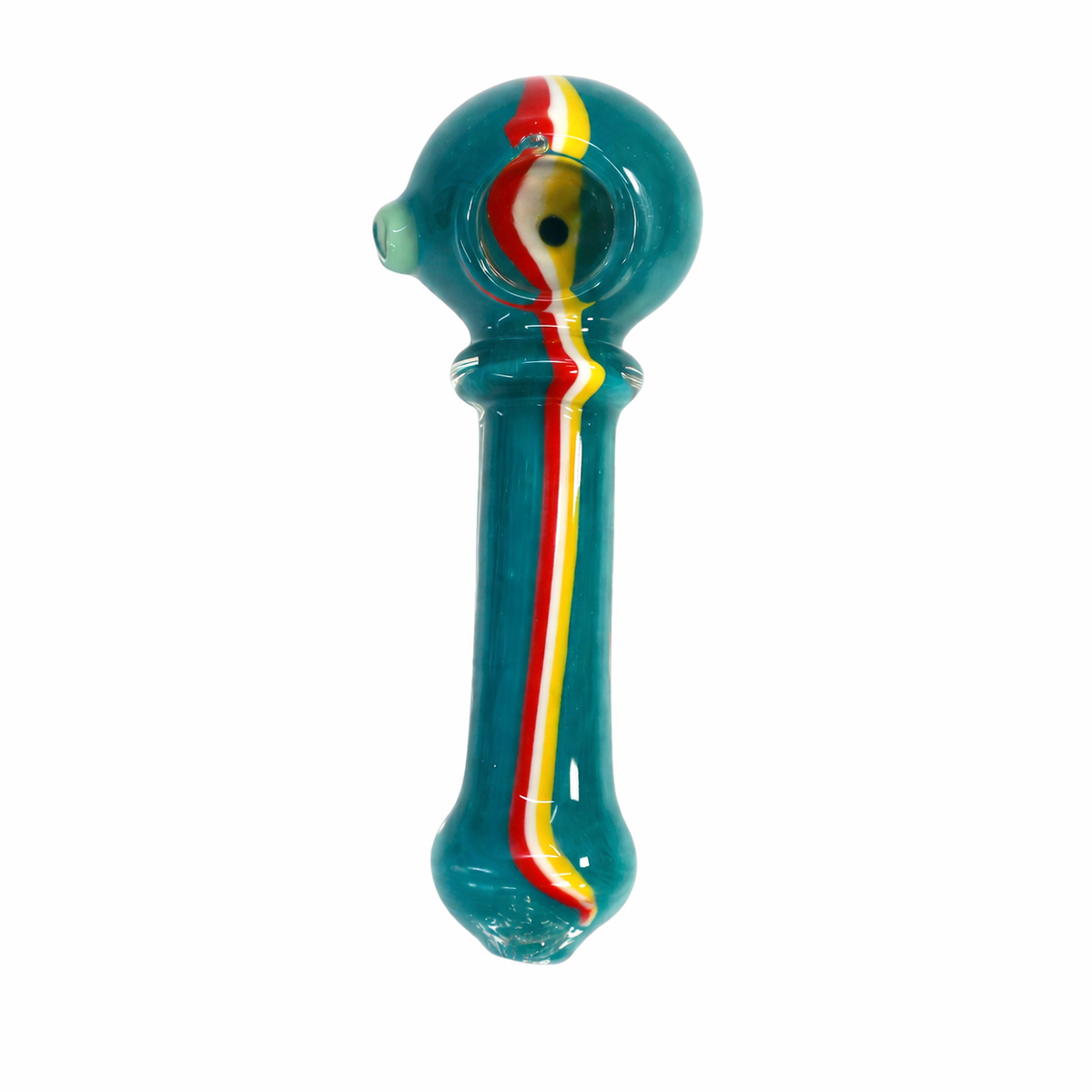 A teal glass water pipe with a colorful swirl design of red, yellow, and white stripes, and a small green mouthpiece, shown on a plain white background.

