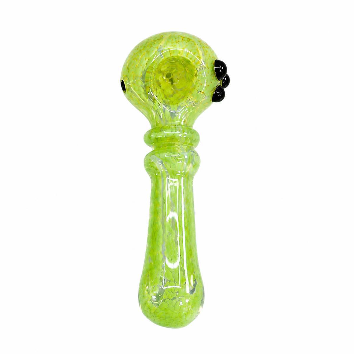 A translucent lime green glass water pipe with black bead accents on the side, shown against a plain white background.

