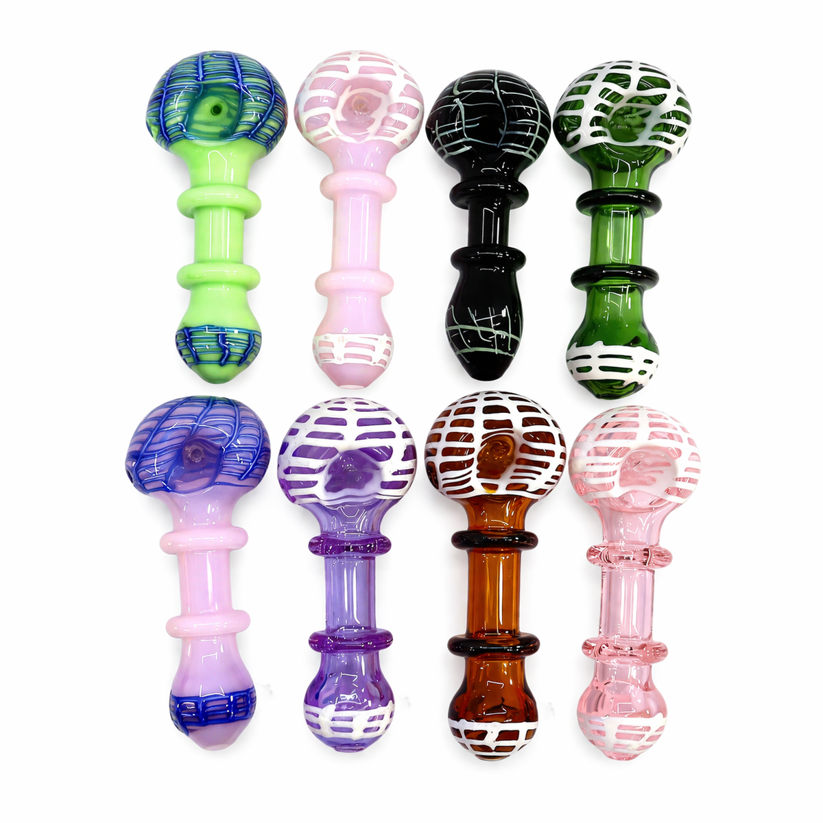 Eight glass teething toys arranged in two rows of four on a plain white background. The set includes various colors and patterns: green and blue swirls, pale pink, black and white swirls, dark green and white swirls, blue and pink swirls, purple and white swirls, amber brown and white swirls, and pale pink and white swirls.

