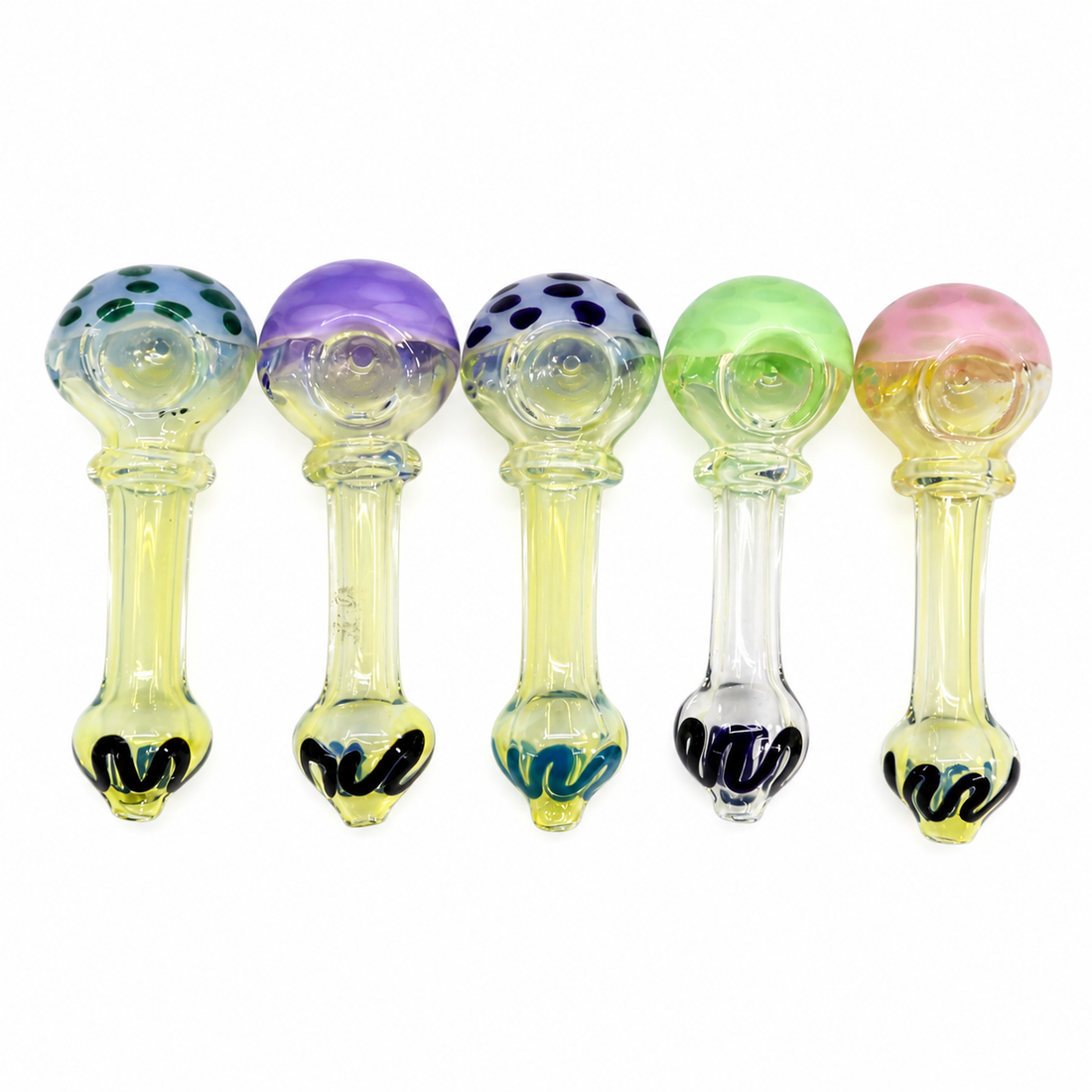 Five glass dildo-shaped pieces arranged in a row on a white background, each with a different colored bulbous top and clear stems.

