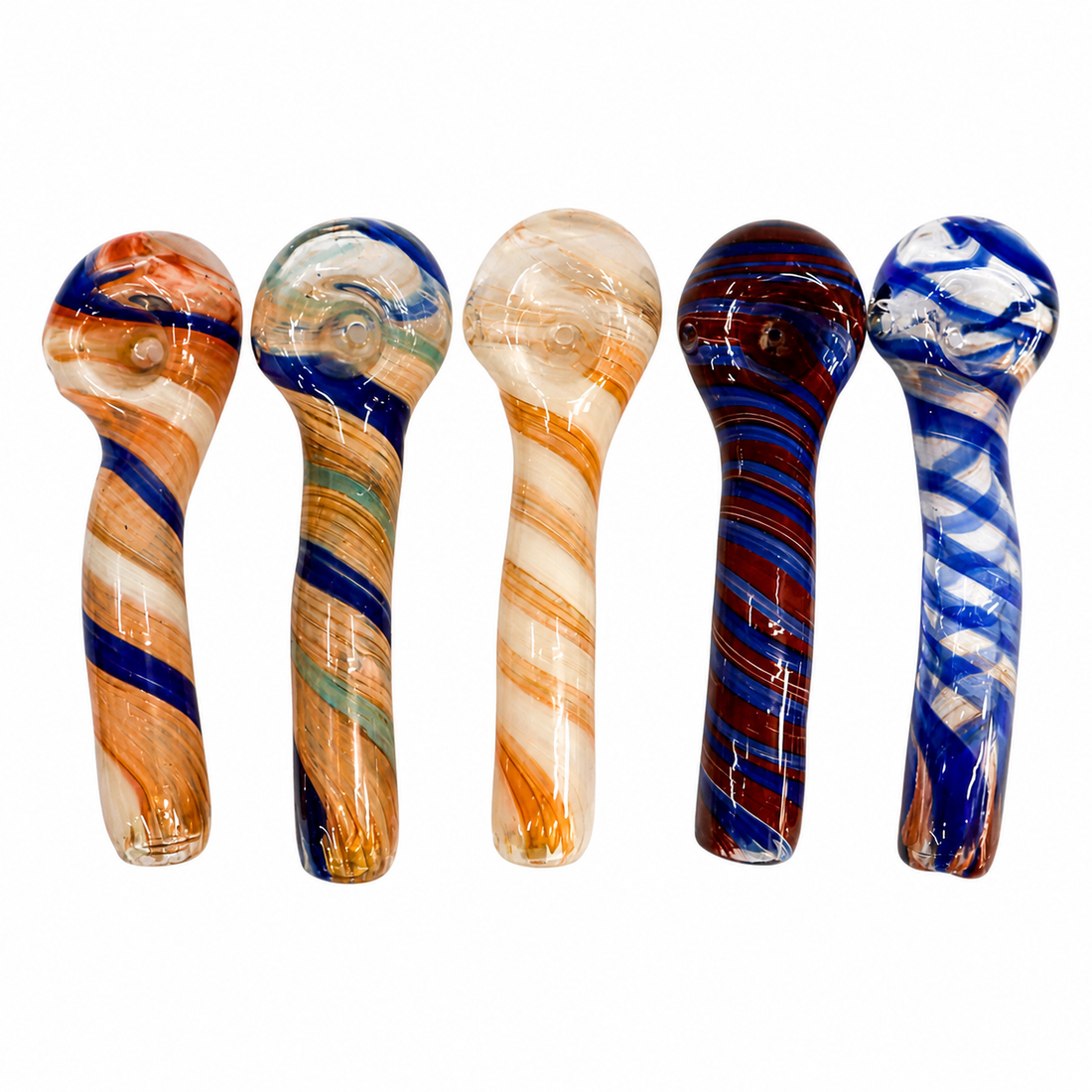 Five hand-blown glass water pipes arranged in a row on a plain white background, each featuring unique swirl patterns of blue, orange, brown, white, and green.

