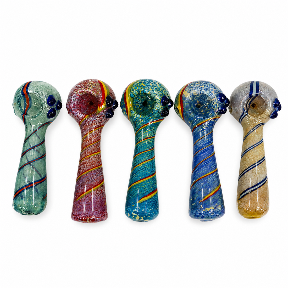 Five hand-blown glass water pipes lined up horizontally on a plain white background. Each pipe has a unique multicolored swirl pattern, including shades of green, red, blue, yellow, and gold.