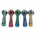 Five hand-blown glass water pipes lined up horizontally on a plain white background. Each pipe has a unique multicolored swirl pattern, including shades of green, red, blue, yellow, and gold.