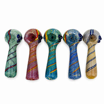 Five hand-blown glass water pipes lined up horizontally on a plain white background. Each pipe has a unique multicolored swirl pattern, including shades of green, red, blue, yellow, and gold.