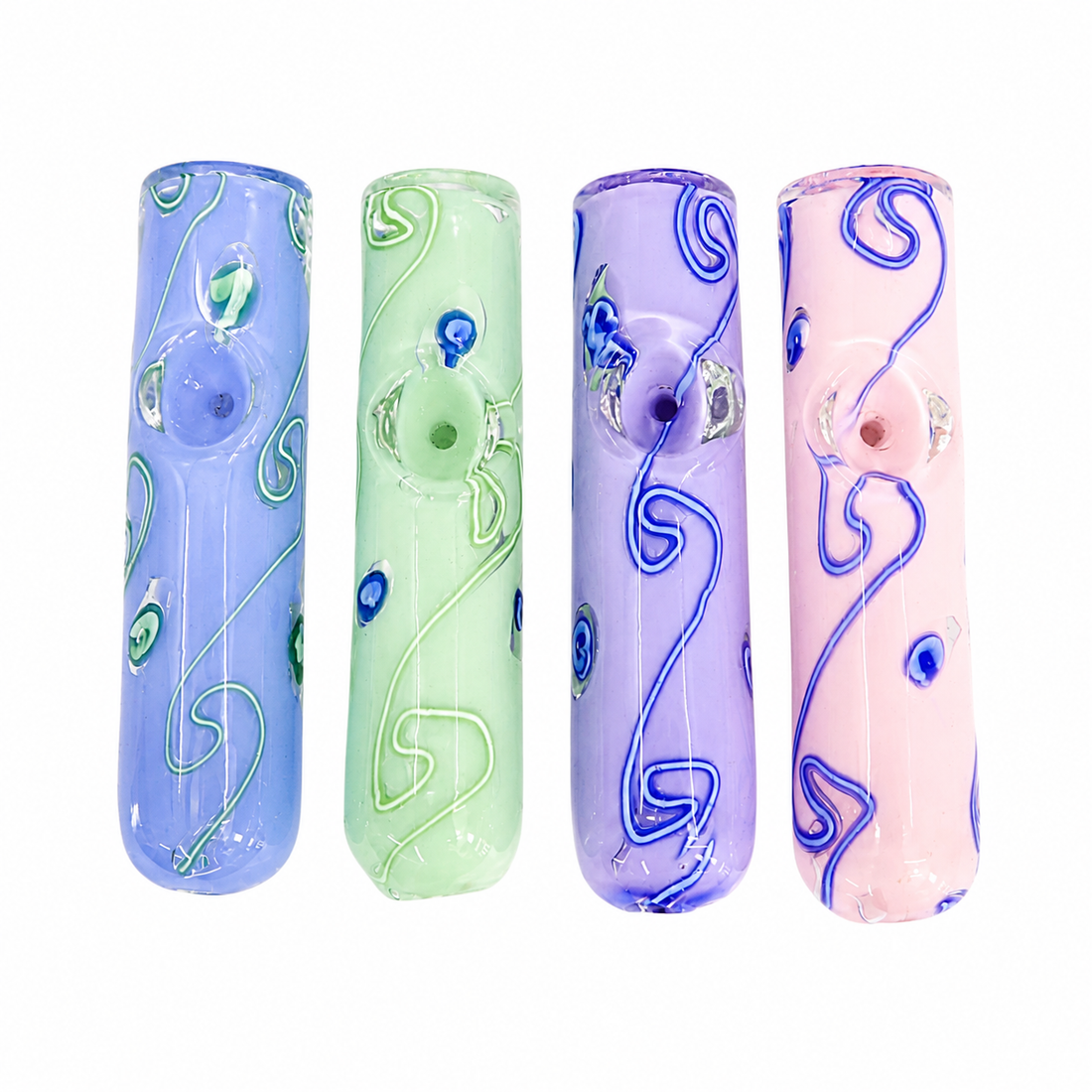Four glass water pipes in blue, green, purple, and pink, each decorated with swirling glass patterns, shown against a plain white background.

