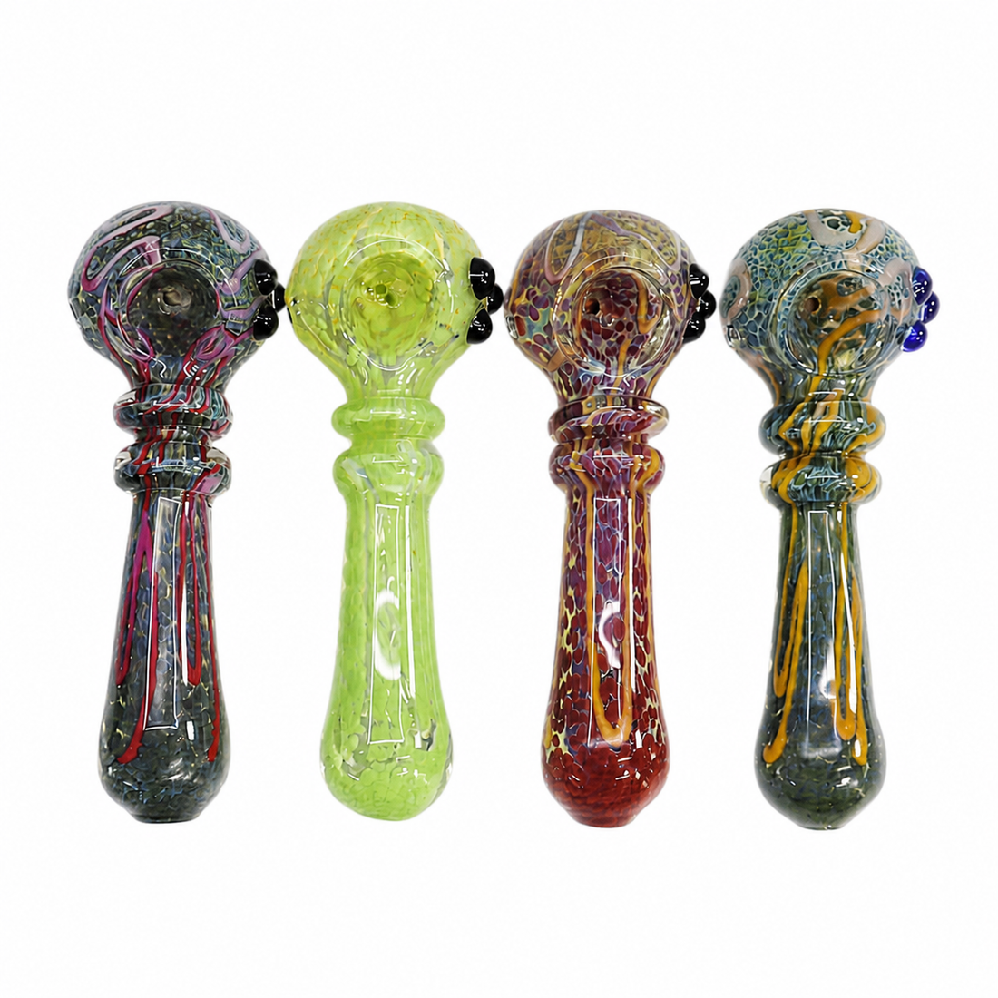 Four hand-blown glass water pipes arranged in a row against a plain white background. Each pipe has a bulbous top and a tapered base, featuring different multicolor marbled and swirled glass patterns in black, green, red, and blue tones.

