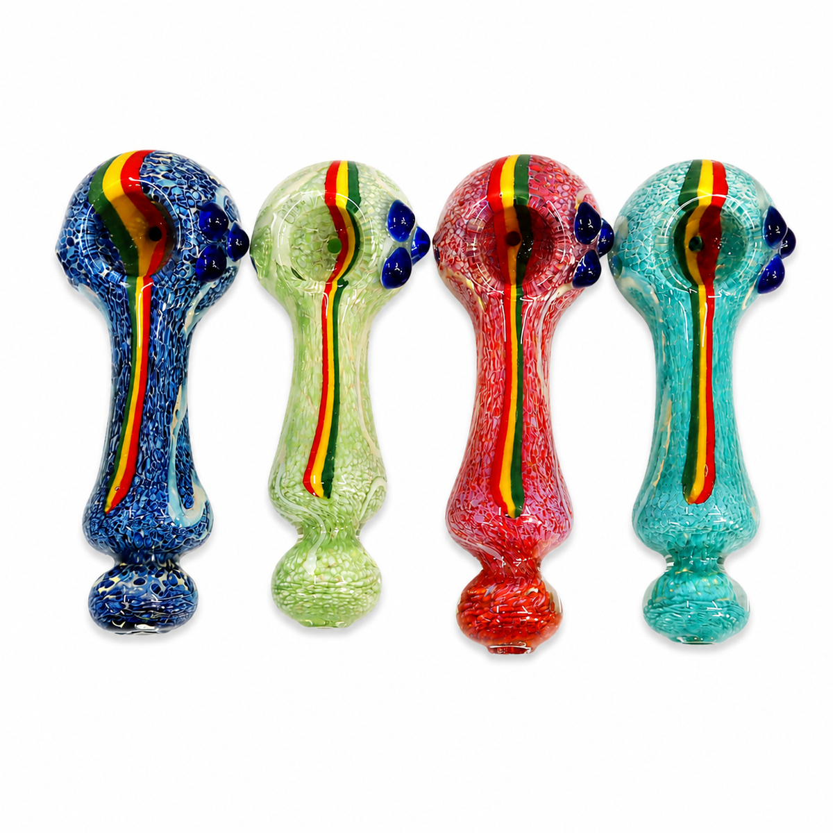 Four hand-blown glass water pipes in blue, green, red, and teal, each decorated with a vertical Rastafarian flag stripe pattern of yellow, green, and red on a speckled glass body, shown against a plain white background.

