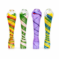 Four hand-blown glass water pipes in different vibrant color combinations (yellow/red, green/pink, purple/red, and blue/yellow) arranged in a row on a white background.

