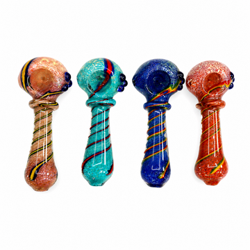 Four hand-blown glass water pipes in different vibrant colors (pink, teal, dark blue, and orange-red) with colorful swirls, arranged in a row on a white background.

