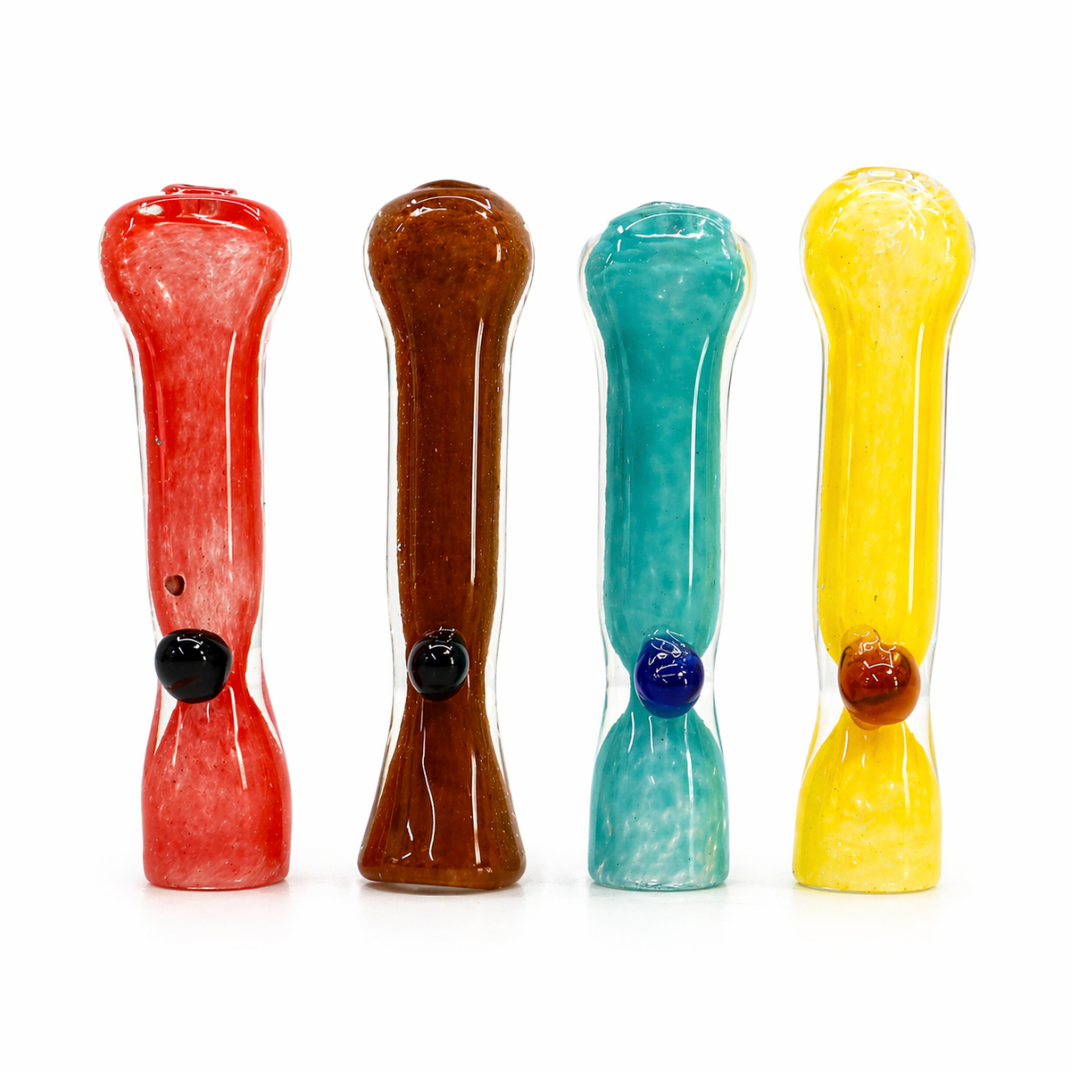Four hand-blown glass water pipes in red, brown, teal, and yellow, each with a small colored bubble near the base, displayed on a white background.


