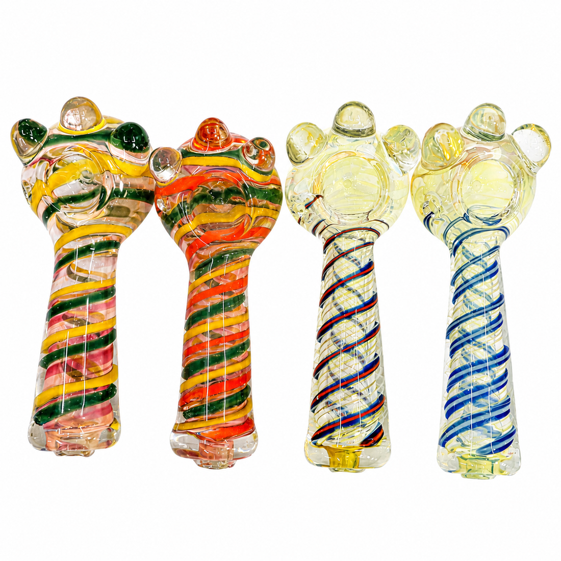 Four hand-blown glass water pipes with colorful spiral patterns, arranged in a row against a plain white background.

