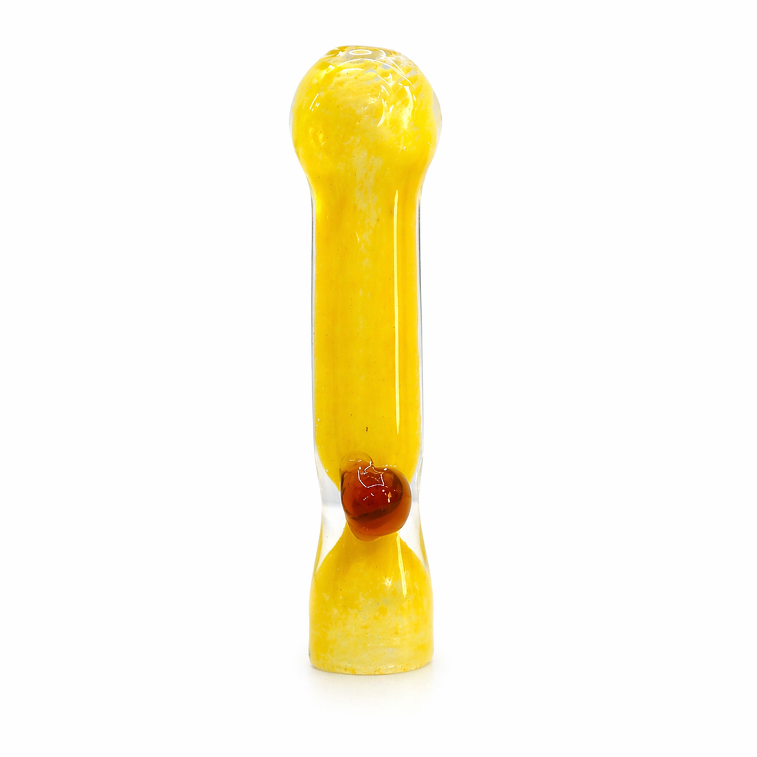 Four hand-blown glass water pipes in red, brown, teal, and yellow, each with a small colored bubble near the base, displayed on a white background.

