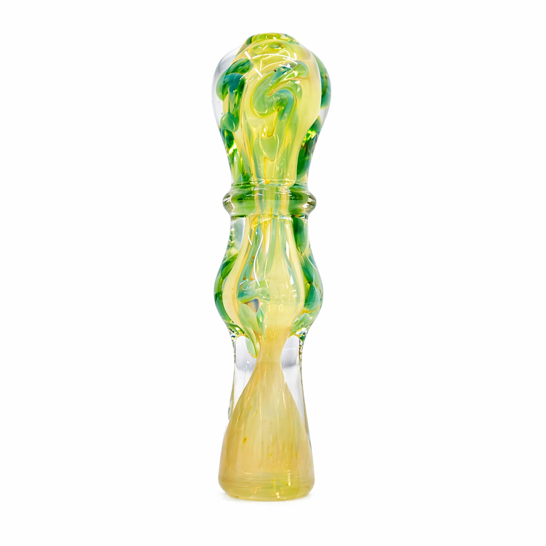 Two hand-blown glass water pipes with bulb-shaped tops and flared bases, shown side by side on a plain white background. One is primarily pale yellow with green swirls, and the other is primarily yellow with green swirls near the top.

