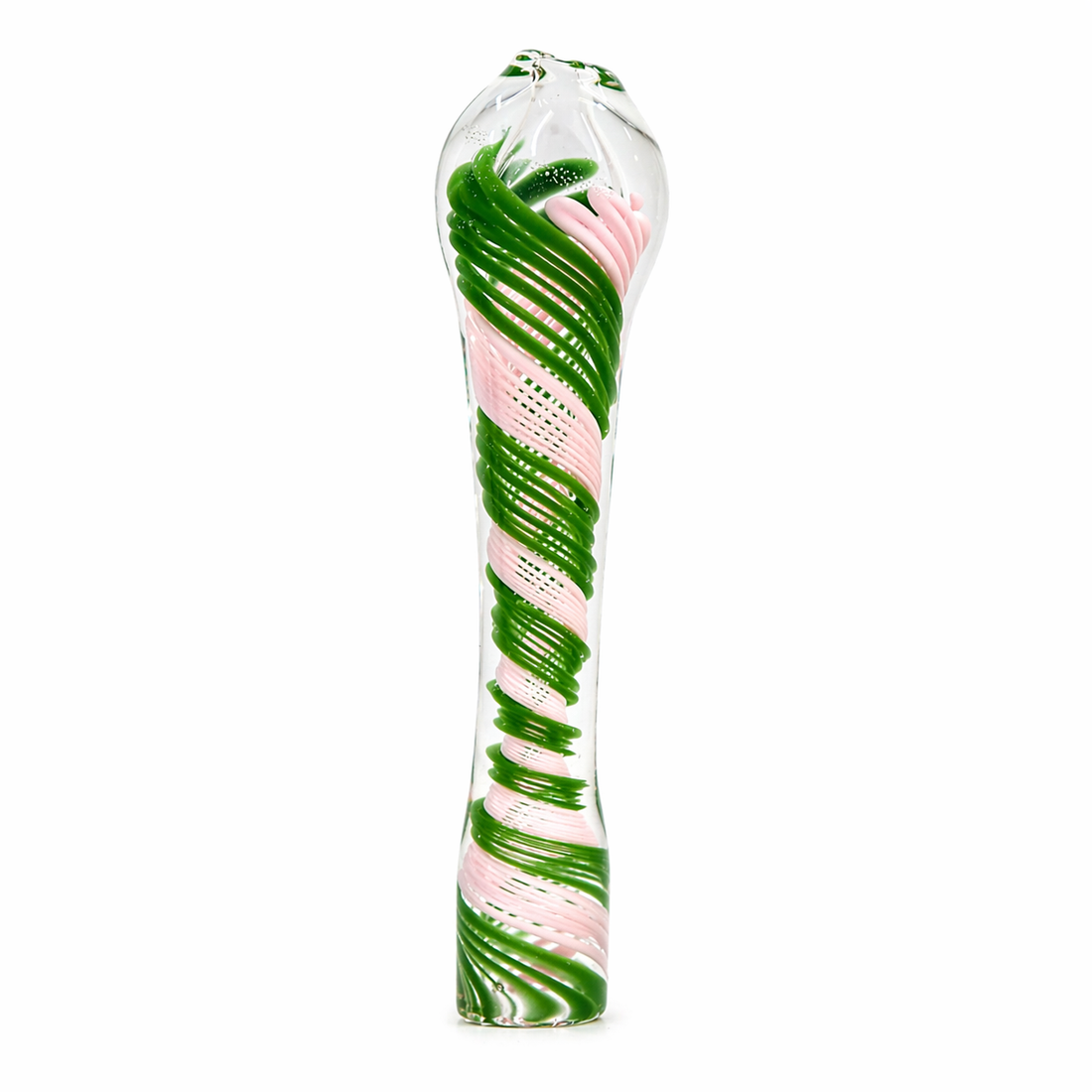 Four hand-blown glass water pipes in different vibrant color combinations (yellow/red, green/pink, purple/red, and blue/yellow) arranged in a row on a white background.

