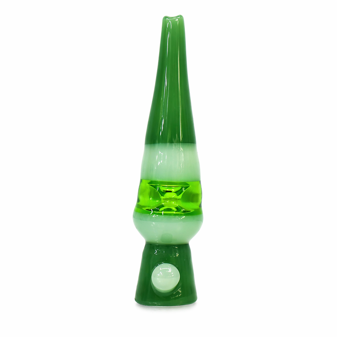 A pair of green and white glass water pipes with a tapered top and a circular mouthpiece detail at the base, shown against a plain white background.

