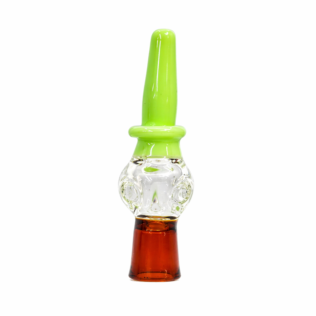 Three glass water pipe pieces with pointed tops, shown side by side on a white background. From left to right: one with a bright green top and dark brown base, one with a bright green top and pink base, and one with a pink top and light green base.