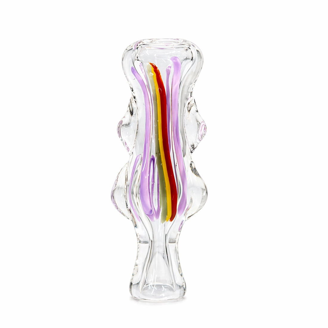 Two sculptural glass objects on a white background: a translucent pink glass piece on the left and a clear glass piece on the right with vertical purple, yellow, and orange inclusions.